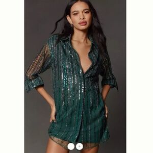 Anthropologie Blue Tassel Sequin Stripe Mini Shirt Dress